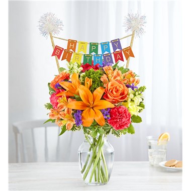 Vibrant Floral Medley™ With Happy Birthday Banner